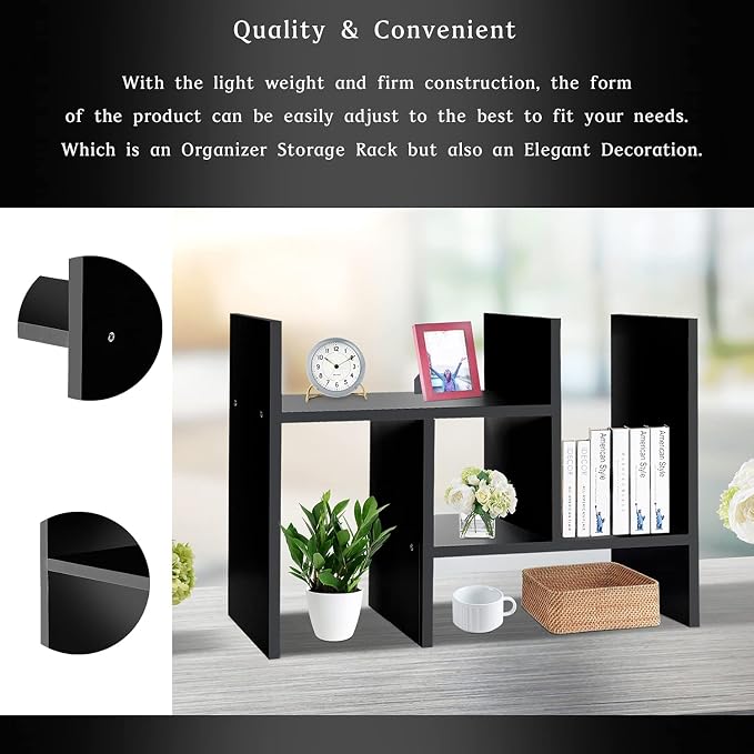 J.M.Deco Desktop Organizers and Storage for Office, Adjustable Desktop Organizer Shelf Double H Display, True Natural Stand Shelves, Black