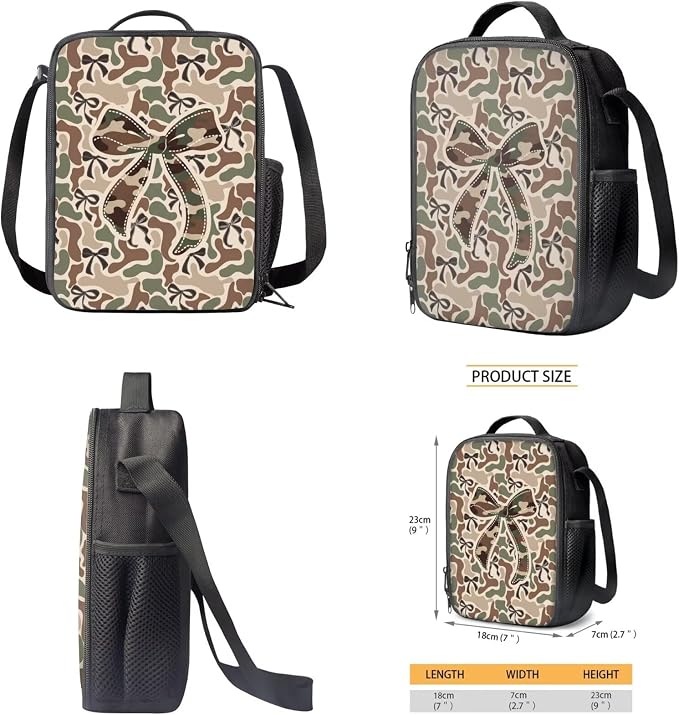 WELLFLYHOM 17 Inch Camo Bow School Backpack Set for Girls 5-8, 4 in 1 Set | Khaki Book Bag with Lunch Box Pencil Pen Case Water Bottle Sleeve for Primary School Students