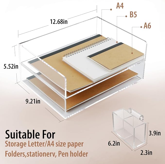 2 Pack Acrylic Paper Tray and Pen Holder Organizer for Desk Clear File Organizer,Acrylic Desk Organizers and Accessories Sorter,Perfect for File Paper, Ipad, Letter, A4 Office File, Books, Notes.