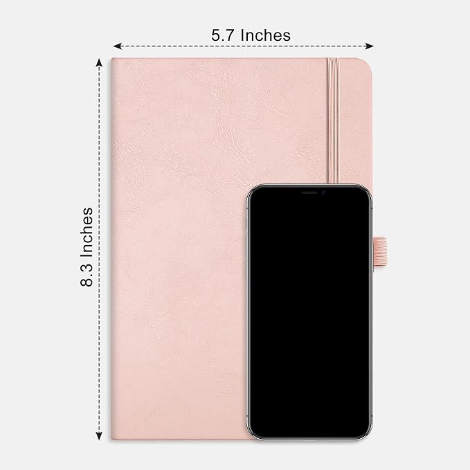 AHGXG Dotted Journal Notebook, 160 Numbered Pages, A5 Medium Size (5.7'' x 8.3''), 120 GSM Thick Paper, Leather Hardcover, for Journaling, Planning, Tracking (Rose Gold)