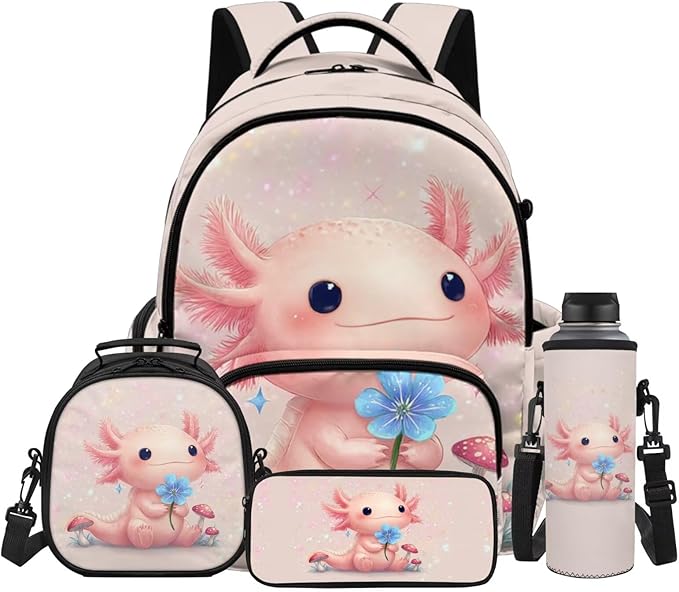 Axolotl Backpack Set Girls Backpacks Ages 8-10 with Lunch Box Large Capacity School Bag for Kids 1st 2nd Grade Elementary Students Kawaii Bookbag Back to School Supplies