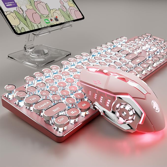 TK950 Wireless Typewriter Keyboard and Mouse Combo, 104 Keys Retro Typewriter Mechanical Keyboard with White Backlit, Anti-Ghosting, Blue Switch, Bluetooth/2.4G/Wired Cute Gaming Keyboards-Pink