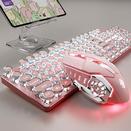 TK950 Wireless Typewriter Keyboard and Mouse Combo, 104 Keys Retro Typewriter Mechanical Keyboard with White Backlit, Anti-Ghosting, Blue Switch, Bluetooth/2.4G/Wired Cute Gaming Keyboards-Pink