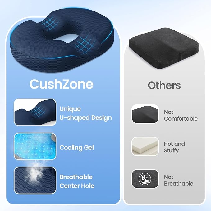 Donut Pillow Seat Cushion, Cooling Gel Memory Foam Chair Cushion, Blue | Office, Home & Car Seat Cushion, Butt Pillow for Tailbone Pain Relief, Hemorrhoids and Everyday Sitting Comfort