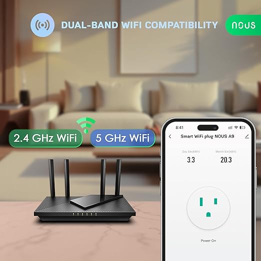 NOUS Wi-Fi Smart Plug 15A, Dual-Band 2.4GHz & 5GHz, Energy Monitoring, Compatible with Alexa, Google Home, Tuya Smart App, Remote Control, Timer, Compact Design, Smart Outlet, 1 Pack