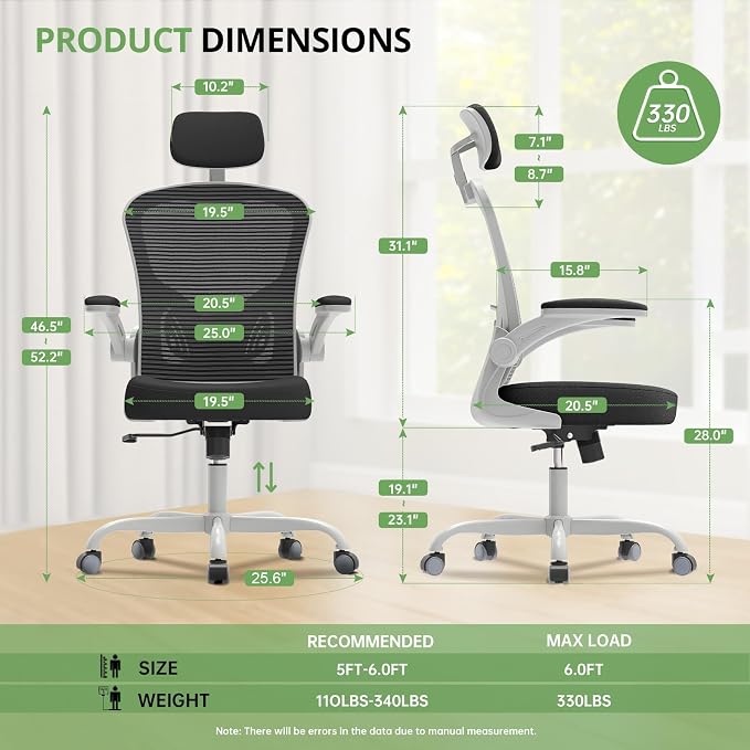 Office Chair Ergonomic Desk Chair, 330LBS Capacity, High Back Computer Chair for Long Hours Comfortable, Rolling Swivel Executive Task Chair for Home Office with Flip-up Armrests, Grey Black