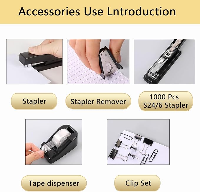 Office Supplies,Black Desk Accessories,Office Supplies Set,Stapler and Tape Dispenser Set,Scissors,Staple Remover,Binder Clips,Staples,Ballpoint Pen,Index Tabs with Ruler,Clear Tape.9pcs for Office