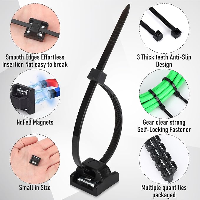 25 Sets Magnetic Zip Tie Mounts with Nylon Cable Ties, Mini Magnet Base Wire Holder Clips, Reusable Multipurpose Cord Management Organizer for Home Office Marine Desk