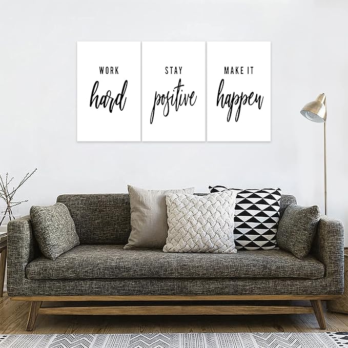 3 Piece Inspirational Wall Art, White Motivational Mindset Picture, Quote Work Stay Make It Canvas Print for Office Decor, Triptych Entrepreneur Poster Framed Artwork for Gym Wall Decor (48" Wx24 H)