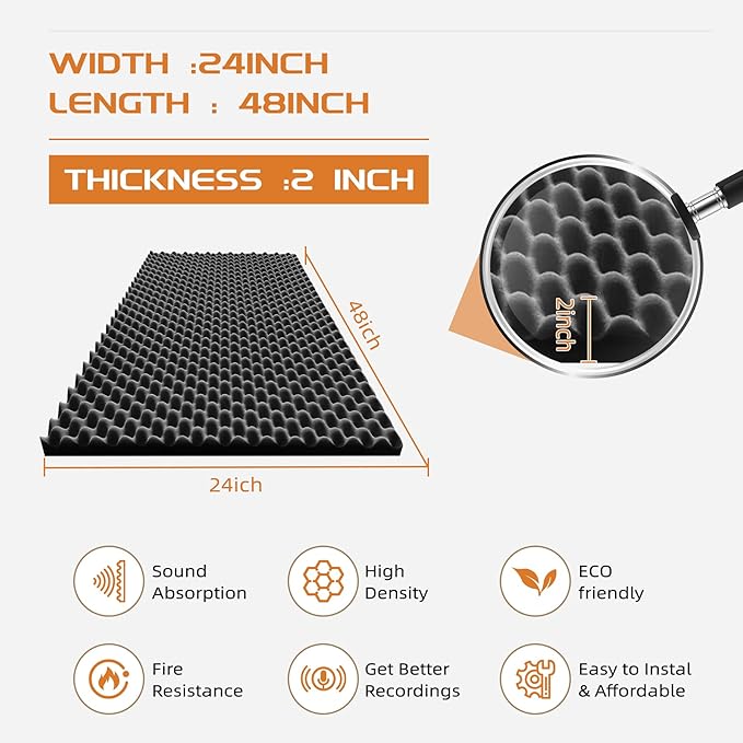 2 Pack Sound Proof Foam Panels | 48"×24"×2" Egg Crate Foam Pad | High Density Soundproof Wall Panels for Home Studio Noise & Thermal Insulation |With Adhesive Stickers 20PCS(Black)…