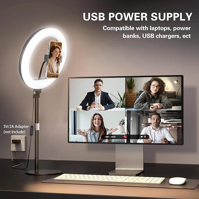 10” Desk Ring Light with Stand, LED Circle Light with Phone Holder for Computer Laptop Zoom Meetings, Video Calls, Streaming, Online Classes, Home Office