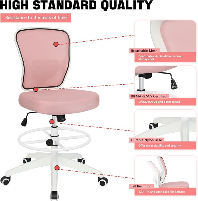 Drafting Chair Adjustable Height Tall Office Chairs Standing Desk Chair Rolling Stool Chair Armless Office Drafting Chair Pink
