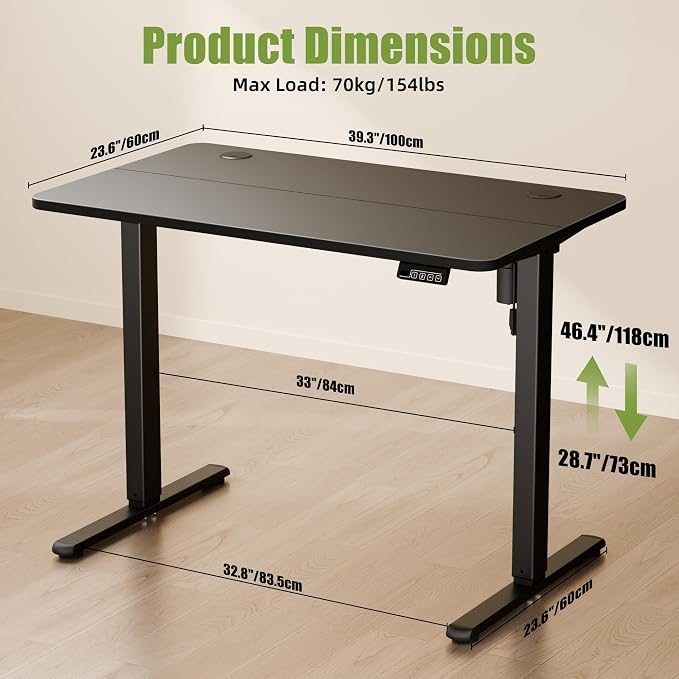 40"x24" Standing Desk, Height Adjustable Sit-Stand Home Office, Black | Electric Adjustable Standing Desk, Sit to Stand Computer Office Desk with Splice Board, Memory Preset, Lifts 28.7''-46.5"