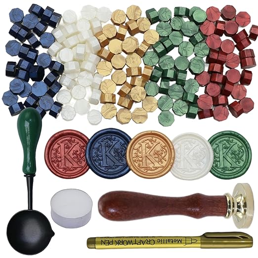 Initial Alphabet Wax Seal Stamp Kit, Retro Letter K Sealing Stamp with 150Pcs Sealing Wax Beads Spoon Pen Set for Wedding Invitations Cards Envelopes (K)