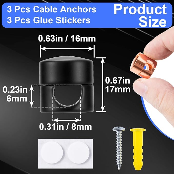 SmallCat 3 Sets Charger Holders for Cords, Adjustable Cable Anchor Holders, Adhesive Metal Cord Clips, Cable Management Wire Organizers for Desk, Office, Nightstand - Matte Black, White, Rose Gold