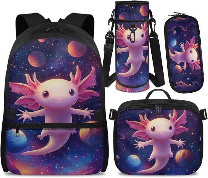 Doojoayie Cute Axolotl Backpack for Girls 6-8 8-10 School Bag Kids Backpack and Lunch Box Set of 4 with Water Bottle Holder, Pencil Case Heavy Duty Bookbag for Teen Girls