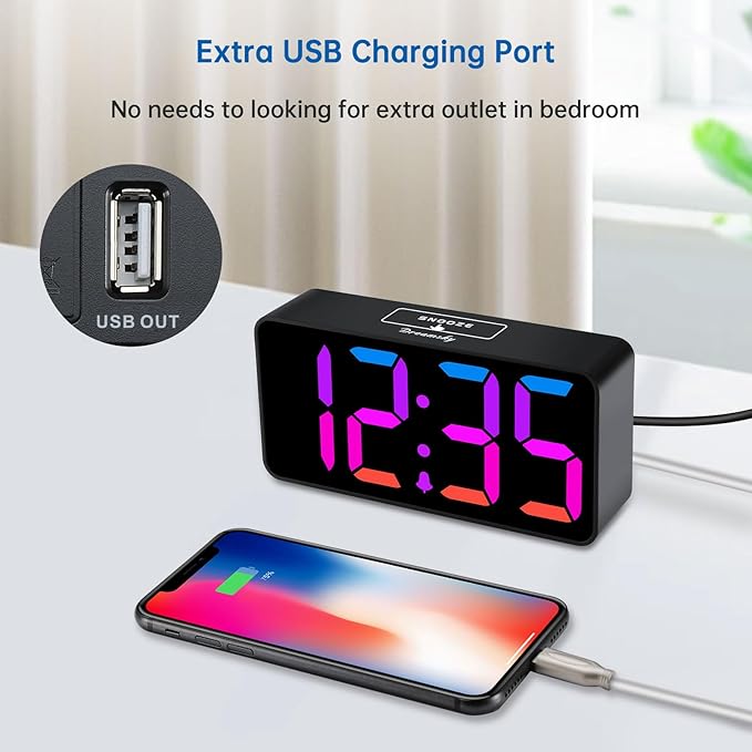 DreamSky Small Digital Alarm Clock for Bedroom, RGB Kids Alarm Clock Boys | Electric Desk Clock with Large Numbers for Bedside Nightstand, Dimmer, Adjustable Alarm Volume, USB Port, USB-C Plug-in