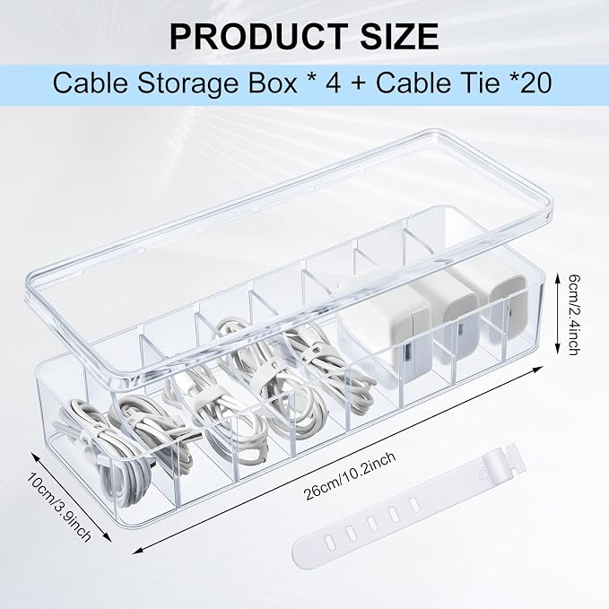 Tatuo 4 Pcs Cord Organizer for Drawer Desktop, Cable Organizer Box with 8 Compartments and Wire Ties, Plastic Charger Storage with Lid, Electronics Case for Home Office Accessories (Small,Clear)
