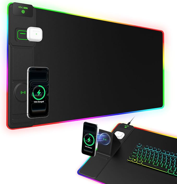 XXL RGB LED Gaming Mouse Pad with Magnetic Wireless Charger & Foldable Phone Holder, 31.5"x15.8" Extended Ultra-Smooth Desk Mat, 25 Lighting Effects, Non-Slip Base