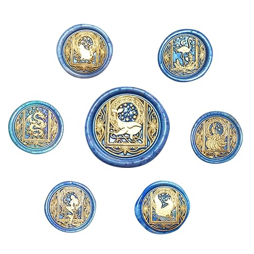 Wax Seal Stamp Kit, HOSAIL 7 Pieces Star Dragon Cat Peacock Whale Mermaid Fox Flamingo SealingWax Stamps Copper Seals + 1 Piece Wooden Hilt, Vintage Antique Moon Starry Cat Seal Wax Stamp Set