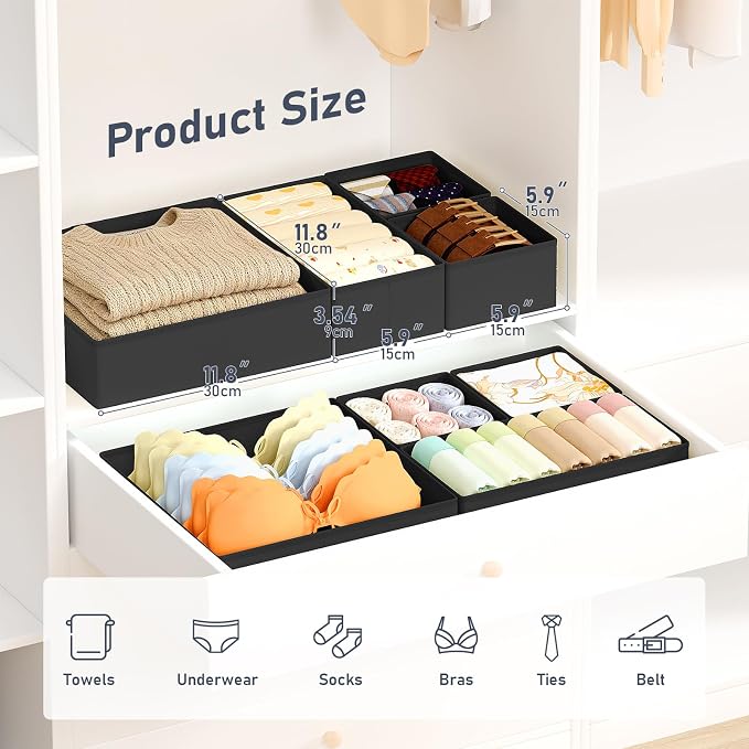 DIMJ Drawer Organizer Clothes 30 Pack - Foldable Baby Organizers and Storage & Closet Organizers for Bedroom, Closet - Nursery Organization Dresser Dividers for underwear, Sock,Bra, Belt, Tie, Black
