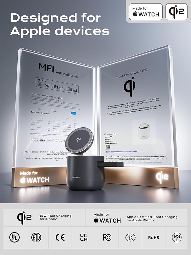 THREEKEY 4 in 1 Qi2 Magnetic Wireless Charging Station, 15W Fast Charger with Made for Apple Watch Charging Module, for iPhone 17–12 Series & AirPods, 65W Adapter Included