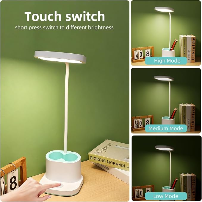 LED Desk Lamp for Home Office Bedroom, Dimmable Reading Light | Touch Dimmable Small Table Lights with USB Charging Port, Eye-Caring, Flexible Gooseneck, Room College Dorm Essentials