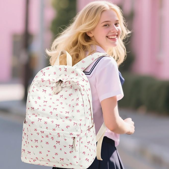 Bluboon Teen Girls School Backpack Kids Bookbag Set with Lunch Box Pencil Case Travel Laptop Backpack Casual Daypacks (Beige bow tie)