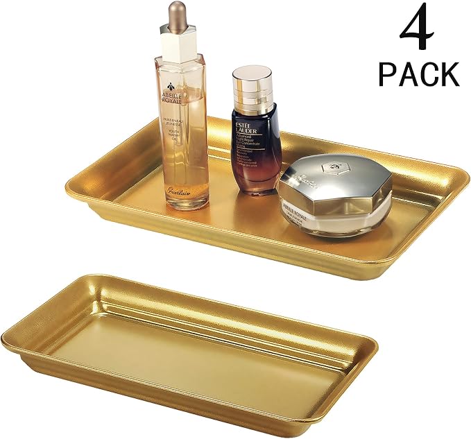 SheeChung Metal Vanity Tray, Bathroom Counter Storage Tray, Gold 4 Pack | Sturdy Decorative Tray Holder, Farmhouse Vintage Decor Accessories for Perfume, Cosmetics, Jewelry, Makeup, Guest Hand Towel
