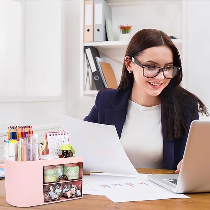 Meiikun Desk Organizer with Drawer, Pen Organizer for Desk, Small Pencil Holder, Desk Organizers and Accessories for Office Home Storage (2 Drawers+4 Compartments, Pink)