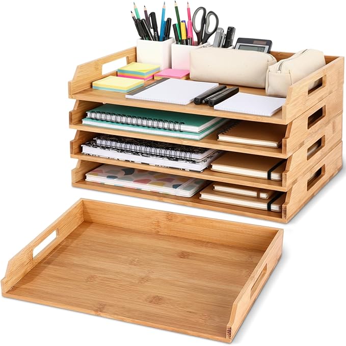 4 Pcs Stackable Paper Tray Bamboo Wood Desk Organizer Letter Tray 4 Tier Wooden File Organizer Desk Shelf for Documents, Letter Sorter, Envelopes and Magazine Holder
