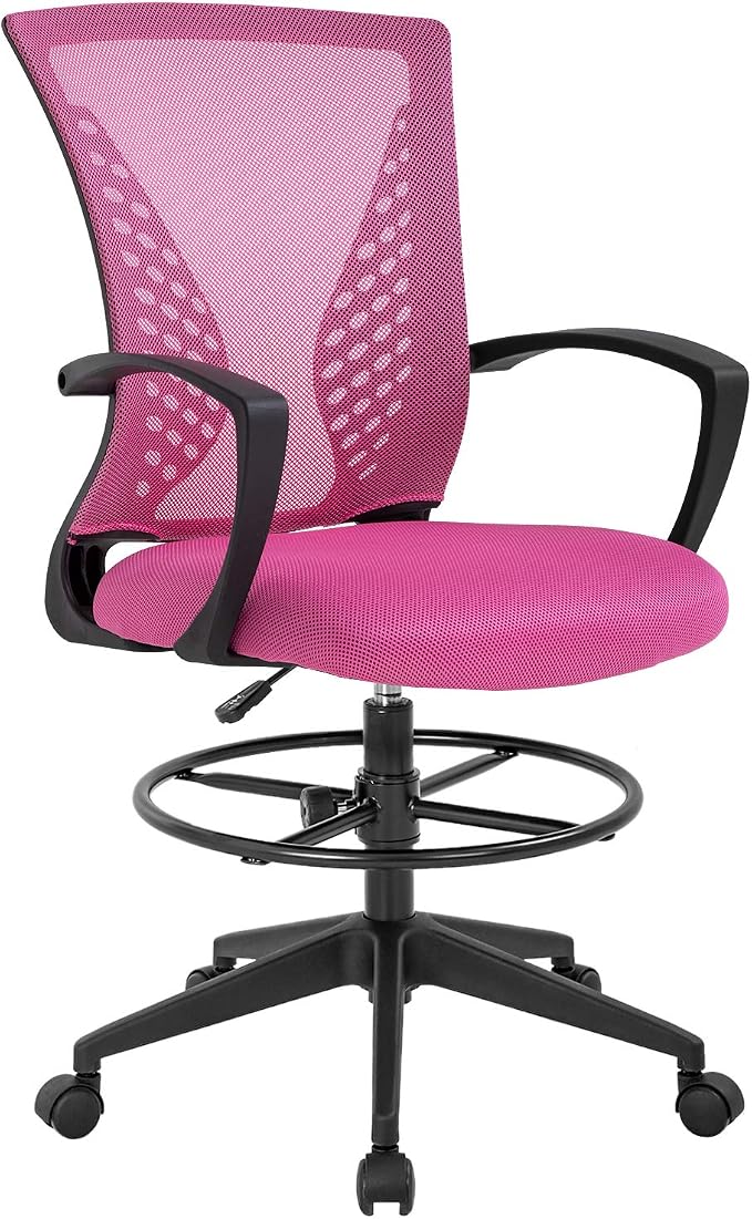 Drafting Chair Tall Office Chair Standing Desk Chair Adjustable Height with Arms Foot Rest Back Support Rolling Swivel Desk Chair Mesh Drafting Stool for Adults
