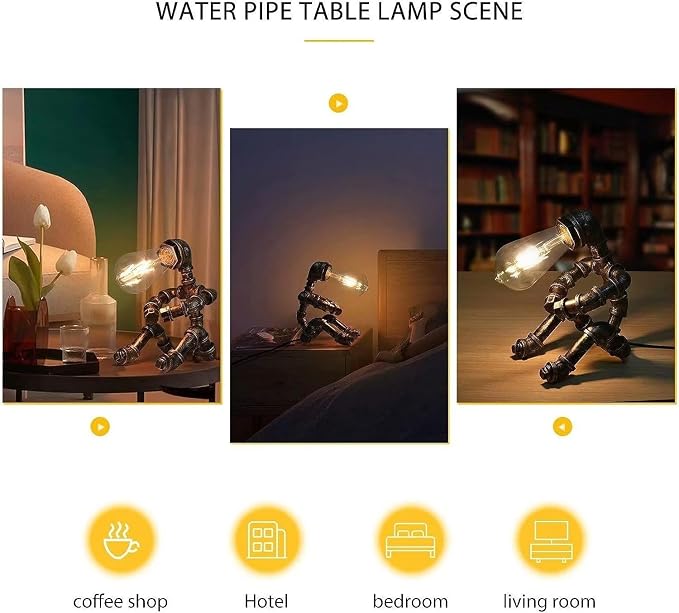 Steampunk Table Lamp, Vintage Industrial Metal Robot Table lamp, Water Pipe Table Lamp, Robot Style Desktop Light for Bedside Desk Bar Cafe Desktop Room Decoration