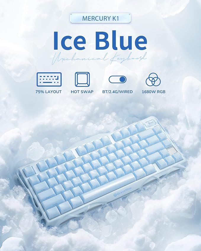 GravaStar Mercury K1 75% Blue Gaming Keyboard, Aluminum Alloy Mechanical Keyboard, Gasket Hot-Swap Socket, Linear Switches, RGB Backlit, Wireless Keyboard for Gaming, Office, and Gifts【Ice Blue】