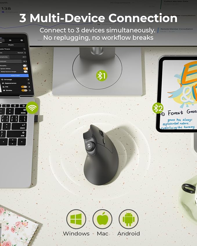 seenda Ergonomic Mouse Wireless, MOU-302 Bluetooth Vertical Mouse Rechargeable, Volume Knob, Silent Mice & 1000/1600/2400 DPI, 3 Multi-Device Connection for Windows/PC/Laptop/Mac/MacBook, Black