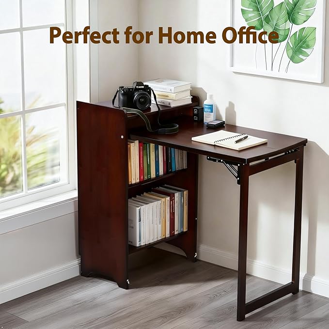 Bamboo Folding Desk with Storage, Mid Century Fold Out Table, Space Saving Foldable Desk for Small Spaces, Multi-Functional Computer Desk for Home Office, Bedroom, Apartment & Dorm
