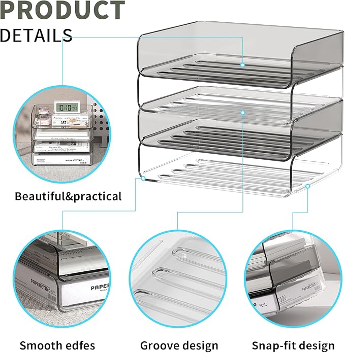 4-Tier Acrylic Paper Tray Organizer for Desk, Clear & Brown Stackable Letter Trays, Modern Desktop File Organizer with Snap-Fit Design, Office Desk Accessories