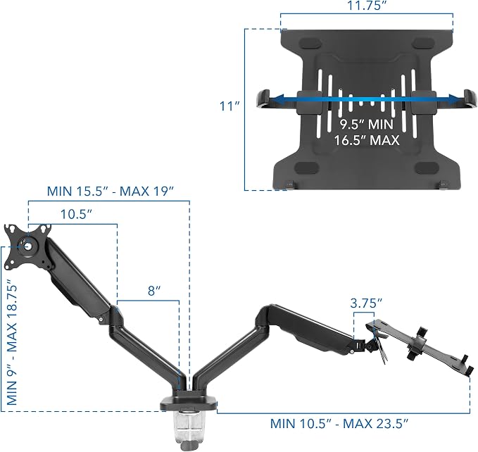 Mount-It! Monitor and Laptop Desk Mount, Height Adjustable Dual Arm Stand with Vented Laptop Tray, Fits Laptops up to 17 Inch and 13–27 Inch Monitors, VESA 75x75 & 100x100, Clamp or Grommet Mount