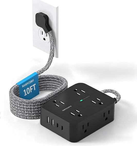 HANYCONY Surge Protector Power Strip 10 Ft, Flat Plug Extension Cord with 8 Outlets and 4 USB Ports(2 USB C), Wall Mount Outlet Extender Charging Station for Home Office Desk