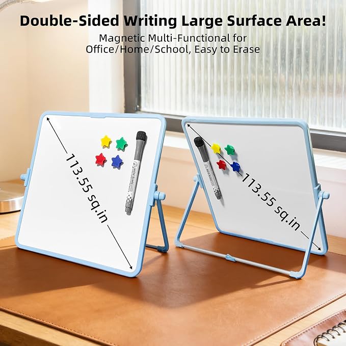 Colorful Dry Erase White Board 11x11in, Magnetic Desktop Board with Stand, 2 Markers (Eraser Head), 4 Magnets - Double-Sided Easel for Daily Planning, Office/Home/School (Blue)