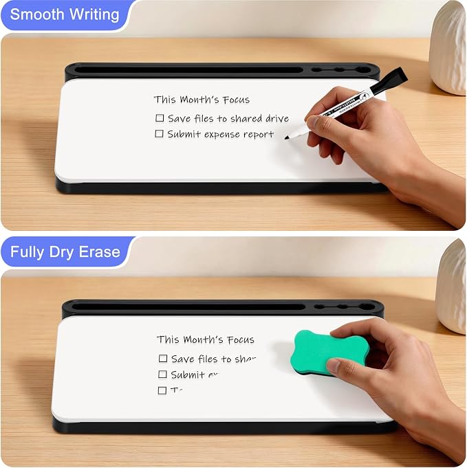 WALGLASS Small Desktop Whiteboard with Storage, Glass Desk Dry Erase White Board Computer Keyboard Stand with Drawer, Desk Organizers with Accessories for Office, Home, School Supplies Black White