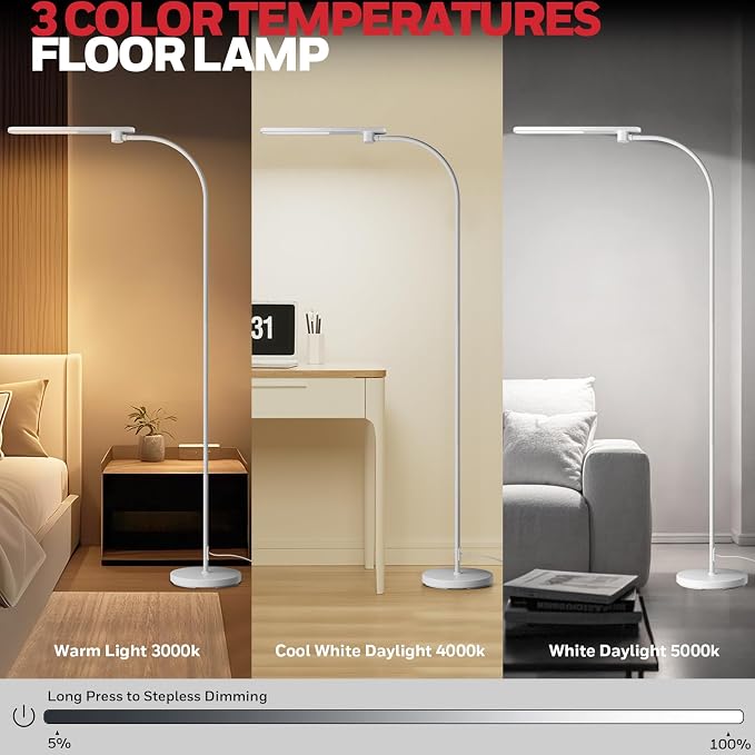 Honeywell LED Floor Lamp for Reading, CRI97 Full Spectrum Gooseneck Floor Lamp with Remote, Eye-Caring Dimmable Standing Task Light, 3 Color Temperatures, 77.5" Tall for Living Room Bedroom Office