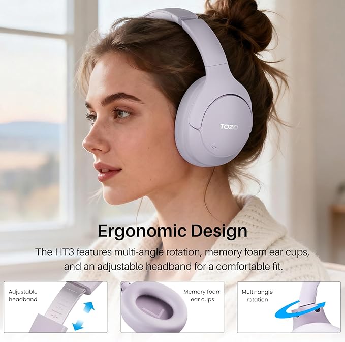 TOZO HT3 Hybrid Noise Cancelling Headphones, 90H Battery Life Wireless Over Ear Bluetooth 6.0 Foldable Headset, AI Voice Assistant with 5 Mics, Connect 2 Devices and Hi-Res Sound, 32 EQ Audio Presets