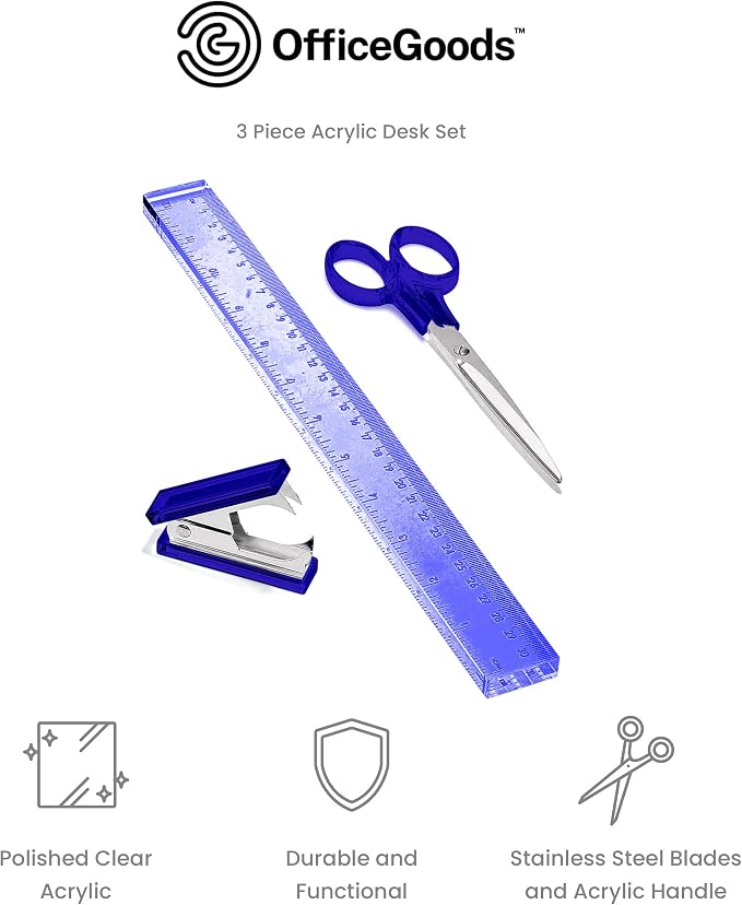 3-Piece Acrylic Desk Set, Blue with Silver Metal | Ruler, scissors, and staple remover set, Functional and elegant desk accessories, Stationery tools for office, and school