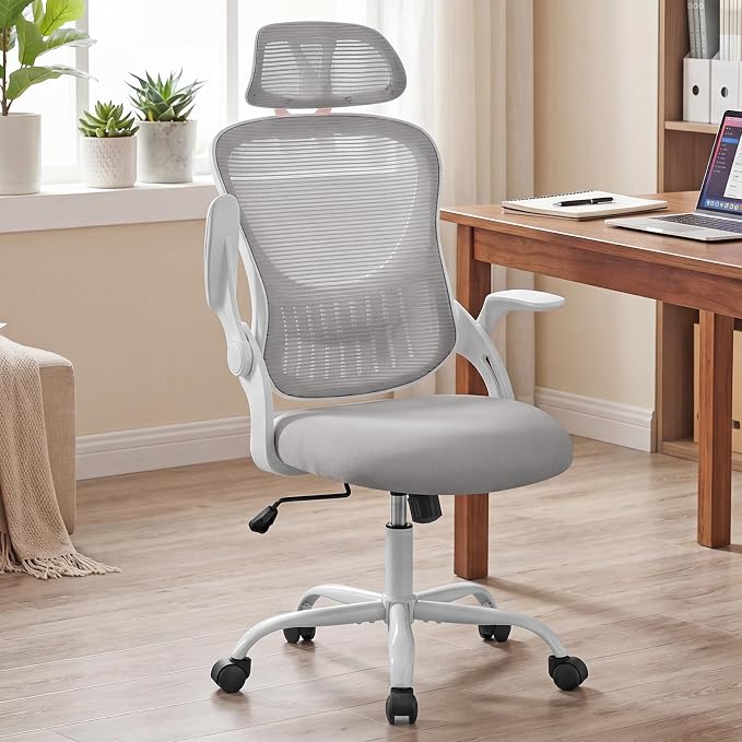 Ergonomic Light Weight Office Chair, Comfy Desk Chair with Wheels, Work Chair with Adjustable Headrests, Flip-Up Armrests, Breathable Mesh Back, Small Computer Chair for Home Computer, Grey