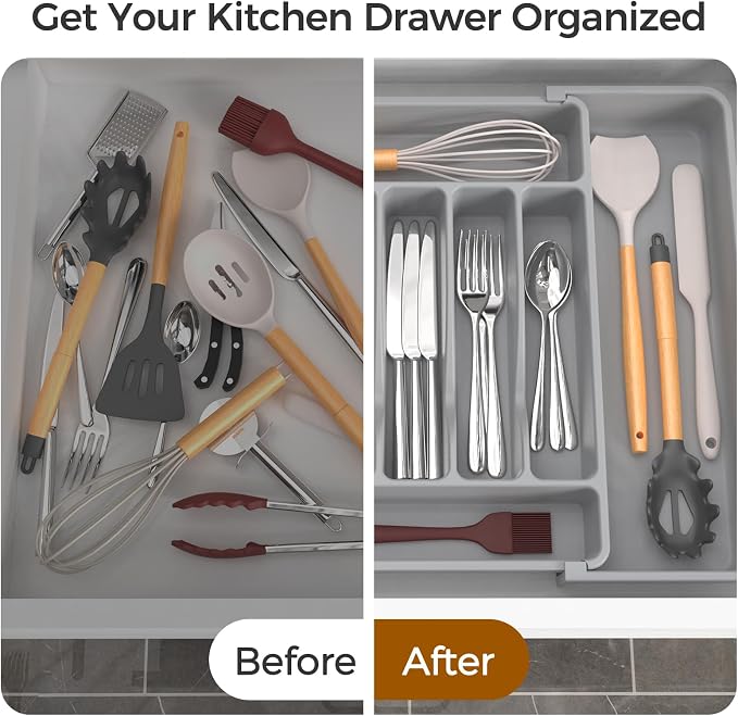 ukeetap Extra Large Expandable Silverware Organizer, BPA-Free Food-Safe Cutlery Flatware Organizer, Kitchen Utensil Drawer Organizer, Adjustable Silverware Holder for Spoons Forks Knives, Gray