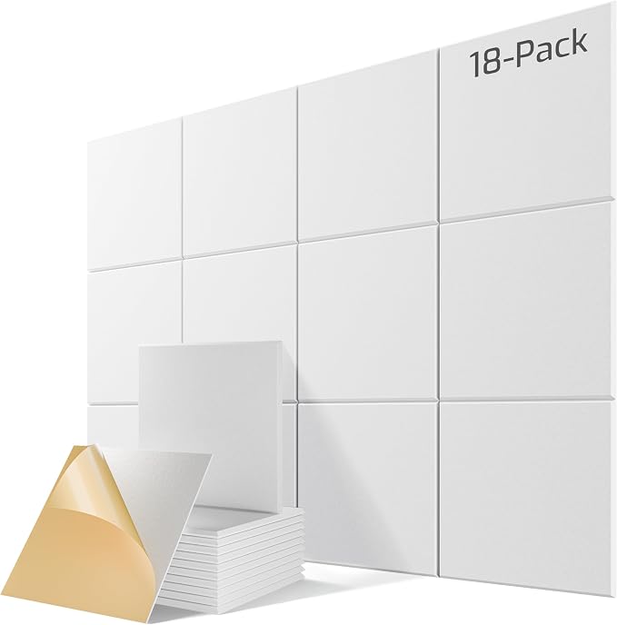 18 Pack Self-Adhesive Sound Proof Foam Panels for Walls 12"x12"x0.4" Fabric | High-Density Acoustic Panels, Noise Reducing Soundproof Wall Panels for Home Studio, Office, Easy-Install White