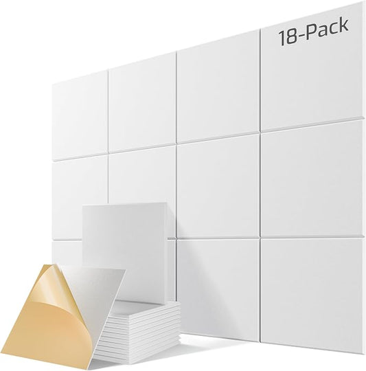 18 Pack Self-Adhesive Sound Proof Foam Panels for Walls 12"x12"x0.4" Fabric | High-Density Acoustic Panels, Noise Reducing Soundproof Wall Panels for Home Studio, Office, Easy-Install White