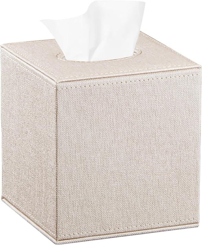 Leather Square Tissue Box Cover,Cut Tissues Cube Box Holder,Modern Facial Paper Organizer Storgage,Box Tissue Dispenser Decor Accessories for Bathroom NightStand Coffee Table Desk Home Office,Beige