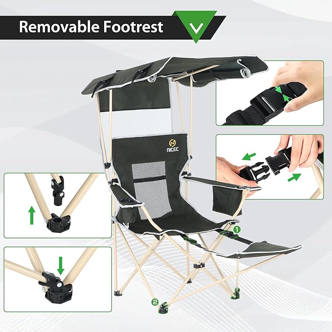 Nice C Chair with Canopy, Umbrella Chairs for Adults, Sports Chair with Shades, with Removable Footrest, Cooler Bag, Cup Holder for Camping, Fishing, Sports, Beach (2Pack Green)